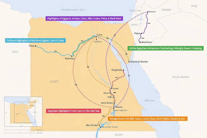 Egypt route map — Cairo, Luxor, Aswan, Abu Simbel